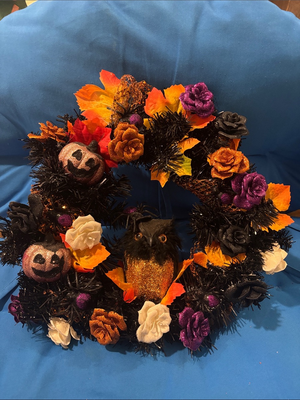 Custom By MeHalloween Wreath Orange Wrap Owl TwoPumpkins SixSpiders AutumnLeaves - Picture 3 of 15
